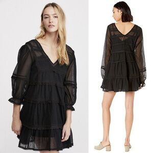 Free People Berlin Ruffle Multi Tiered Black Fishnet Mesh Mini Dress